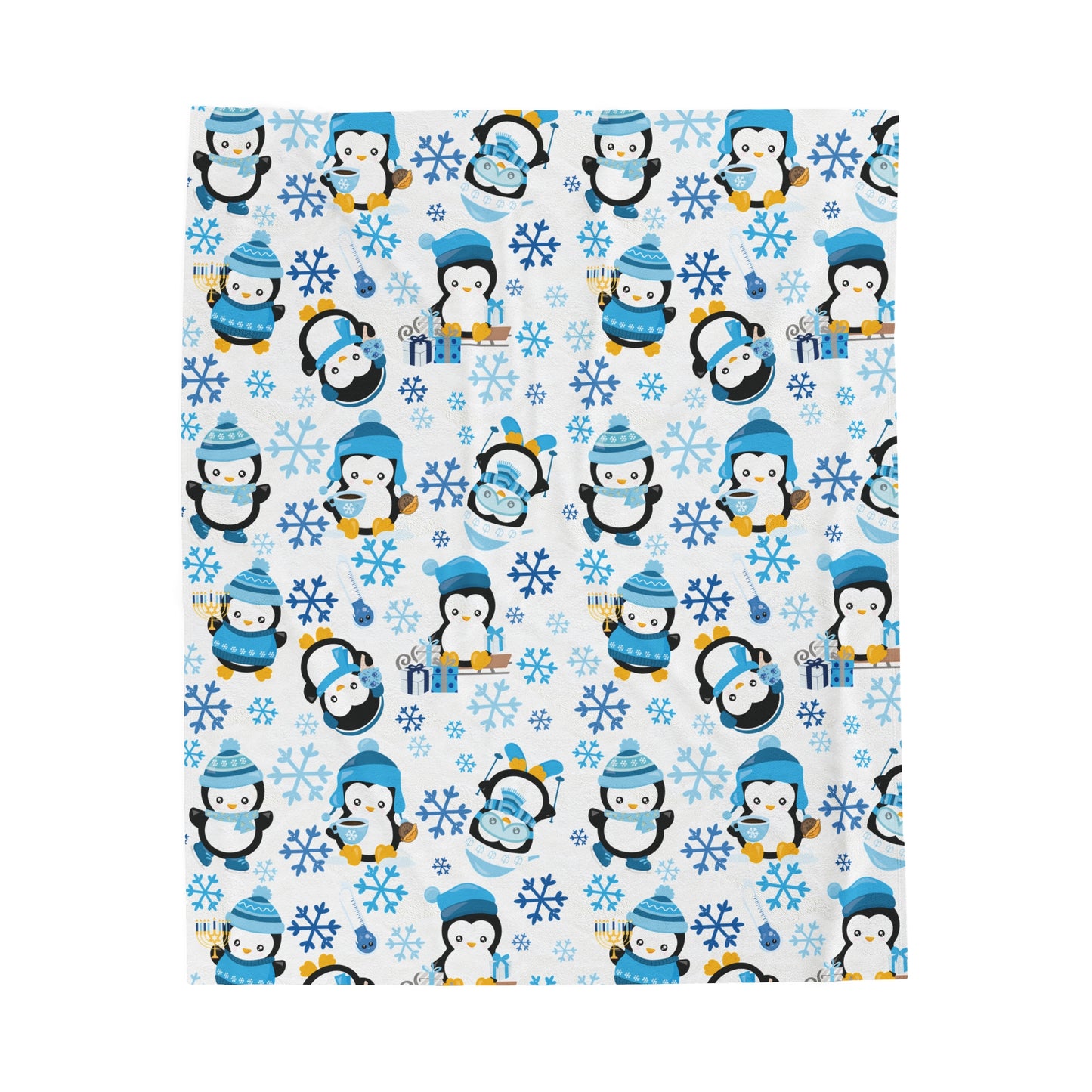 Hanukkah Penguins Velveteen Plush Blanket, Hanukkah Blanket, Gift for Hanukkah, Gift For Jewish Person,Happy Hanukkah,Hanukkah Plush Blanket