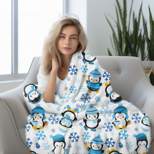 Hanukkah Penguins Velveteen Plush Blanket, Hanukkah Blanket, Gift for Hanukkah, Gift For Jewish Person,Happy Hanukkah,Hanukkah Plush Blanket