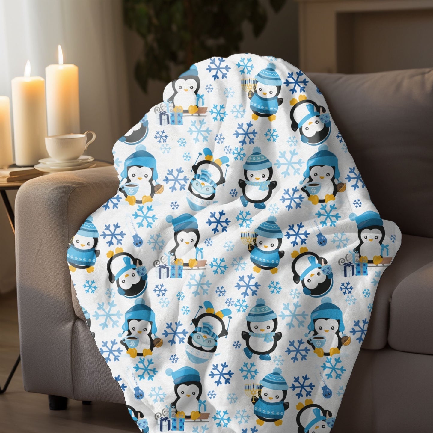 Hanukkah Penguins Velveteen Plush Blanket, Hanukkah Blanket, Gift for Hanukkah, Gift For Jewish Person,Happy Hanukkah,Hanukkah Plush Blanket