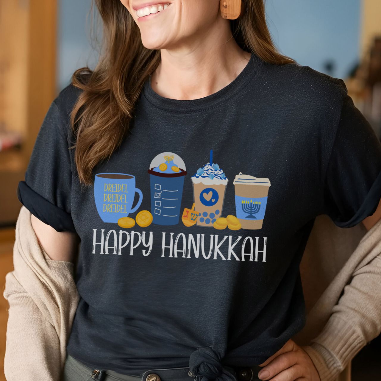 Hanukkah Shirt, Bella Coffee Latte, Hannukah Shirt, Chanukkah Shirt, Happy Hanukkah, Festival of Lights, Gift for Jewish Person, Dreidels