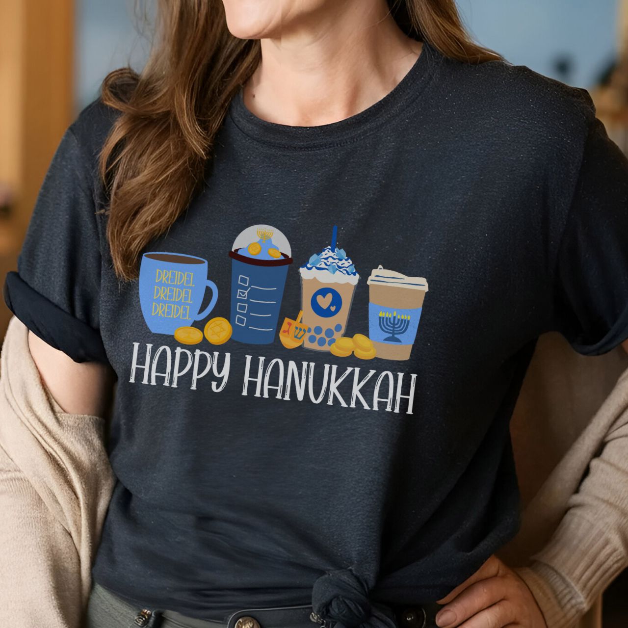 Hanukkah Shirt, Hanukkah Coffee Latte, Hannukah Shirt, Chanukkah Shirt, Happy Hanukkah, Festival of Lights, Gift for Jewish Person, Dreidels