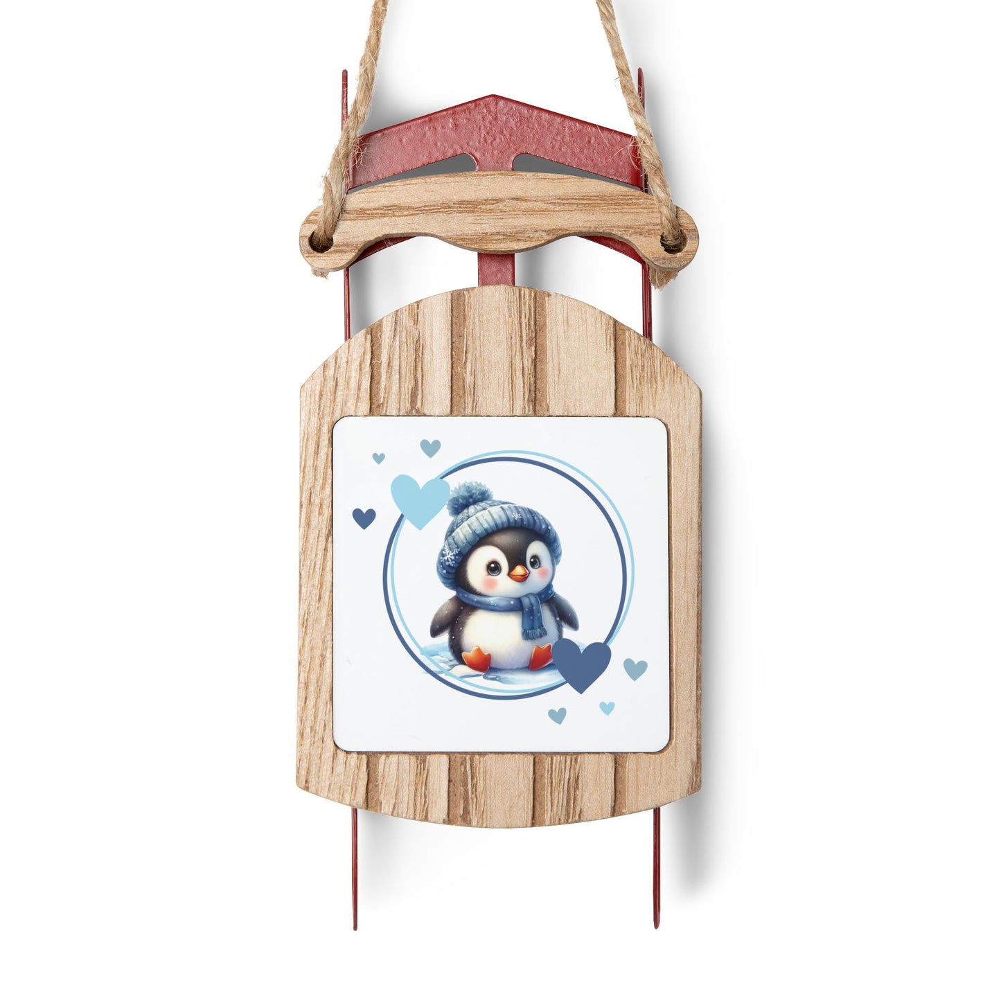 Penguin Love Sled Decoration, Winter Penguin, Snow Much Fun, Blue Hearts, Sled Ornament, Winter Sled, Penguin Ornament, Hanukkah Penguin